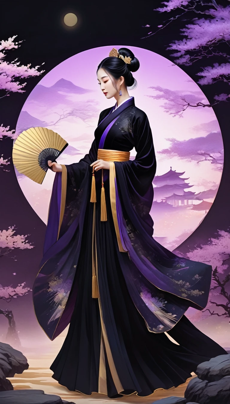 a character concept art, a chinese princess in a layered black dress, a velvet folding hand fan, HD painting art, skin silhouette bioluminescence luminescent radian, dynamic pose, golden hour, digital painting, ukiyo-e, black-purple moon, animation still, oversaturated, dreaming, trending on cg society, gouache detailed painting, hyperrealism, beyond reality, dreamy, fantasy, deep feeling, inspired, centered, sentimental, excited, impressed, powerful, real accomplishment