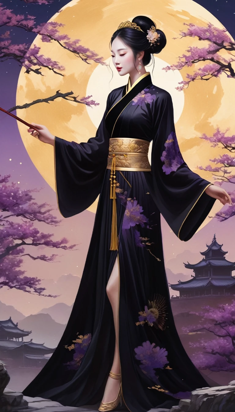 a character concept art, a chinese princess in a layered black dress, a velvet folding hand fan, HD painting art, skin silhouette bioluminescence luminescent radian, dynamic pose, golden hour, digital painting, ukiyo-e, black-purple moon, animation still, oversaturated, dreaming, trending on cg society, gouache detailed painting, hyperrealism, beyond reality, dreamy, fantasy, deep feeling, inspired, centered, sentimental, excited, impressed, powerful, real accomplishment