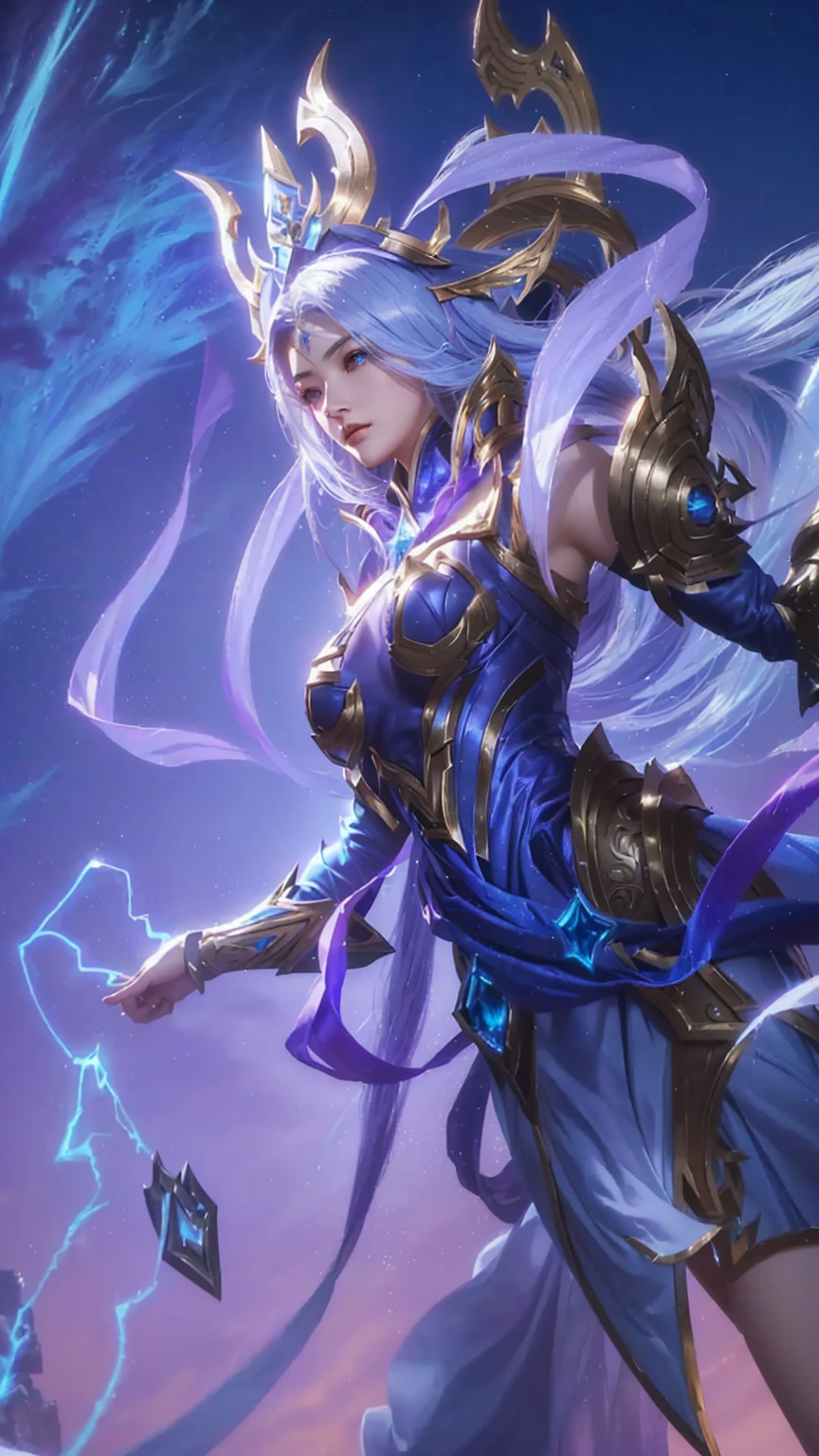 a close up of a woman with a sword and armor, irelia, ashe, mobile legends, official splash art, beautiful celestial mage, inspired by Ju Lian, splash art, astri lohne, maya ali as a lightning mage, goddess of lightning, extremely detailed artgerm, heise jinyao, artgerm detailed, inspired by Lan Ying