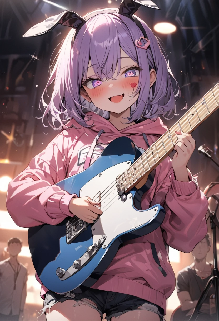 ((Masterpiece)), ((best quality)), (super detail:1.2), (High Definition:1.3), (Professional Photography:1.2), (sharp focus), (perfect light), (()), 8K, (Healthy Slender body), Cute teenage Beaul Girl, Slender body, Textured skin, cinematic lighting, (messy medium bob), (purple hair), (put on Black bunny ears), Pretty oversized pink hoodie, bloody, Tattered short trousers of jeans fabric, (Big purple eyes), Open mouth wide, crazy smile, (sparkle Eyes), (Heart mark on right cheek), BREAK, ((best quality)), (super detail:1.2), (hold a Telecaster electric guitar), elecaster electric guitar, stand on Dusty live music club, blush, (sharp focus), (perfect light),