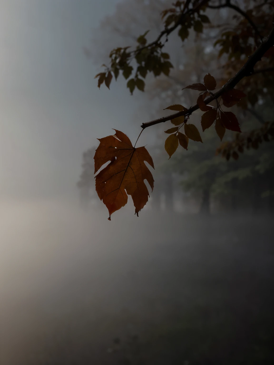 A minimalistic nature scene of a single, withered leaf on a bare tree branch, surrounded by a foggy forest. The background is soft and blurred, with gentle light filtering through the trees. The scene conveys a sense of isolation and insignificance, with the withered leaf representing the feeling of being unnecessary.