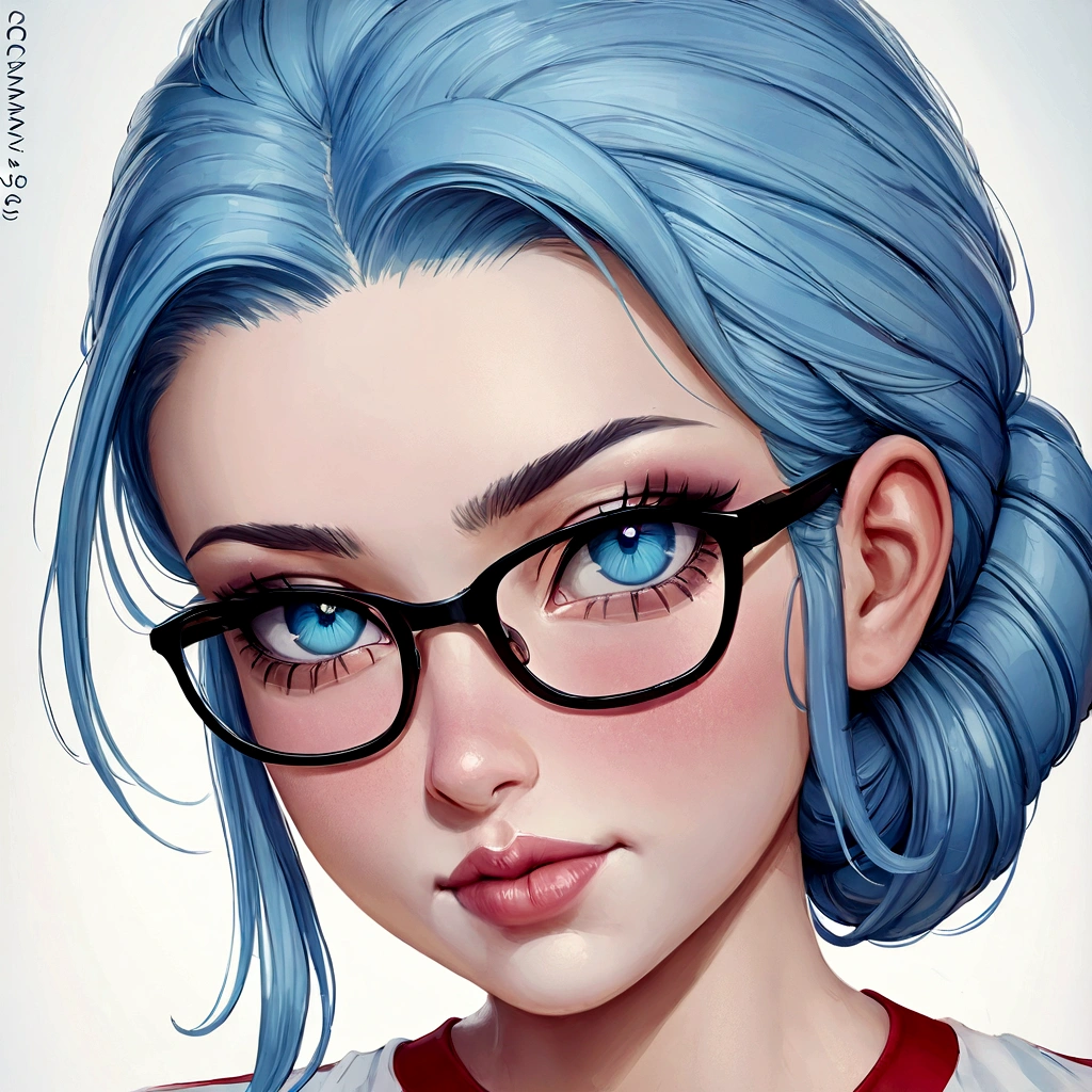 Nsfw, Masterpiece, beautiful art, professional artist, 8k, art style by sciamano240, very detailed face, detailed hair, detailed clothes, detailed fabric, 1girl, perfectly drawn body, beautiful face, long tied up hair, light blue hair , very detailed blue cat eyes, wearing gym clothes , wearing sneakers, glasses, rosey cheeks, track and field setting, model headshot , zoom in face, show details in eyes, upclose view, looking at viewer, cute expression,