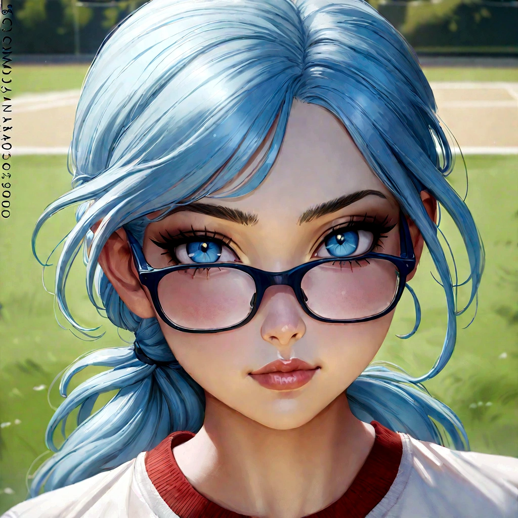 Nsfw, Masterpiece, beautiful art, professional artist, 8k, art style by sciamano240, very detailed face, detailed hair, detailed clothes, detailed fabric, 1girl, perfectly drawn body, beautiful face, long tied up hair, light blue hair , very detailed blue cat eyes, wearing gym clothes , wearing sneakers, glasses, rosey cheeks, track and field setting, model headshot , zoom in face, show details in eyes, upclose view, looking at viewer, cute expression,