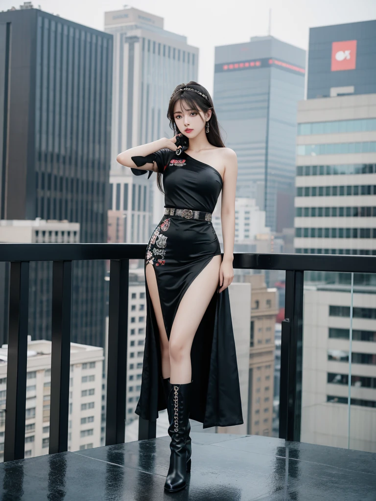 Beautiful woman wearing a black grey mini dress While standing with decorations on the shirt and visible shoulders and wearing boots and being photographed with a background And was on top of the building holding a gun , Korean style swag, beautiful face so gorgeous, Beautiful eyes, y2k style