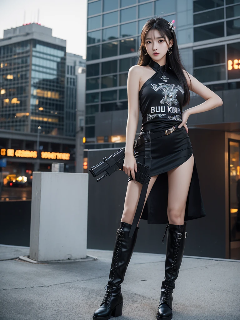 Beautiful woman wearing a black grey mini dress While standing with decorations on the shirt and visible shoulders and wearing boots and being photographed with a background And was on top of the building holding a gun , Korean style swag, beautiful face so gorgeous, Beautiful eyes, y2k style