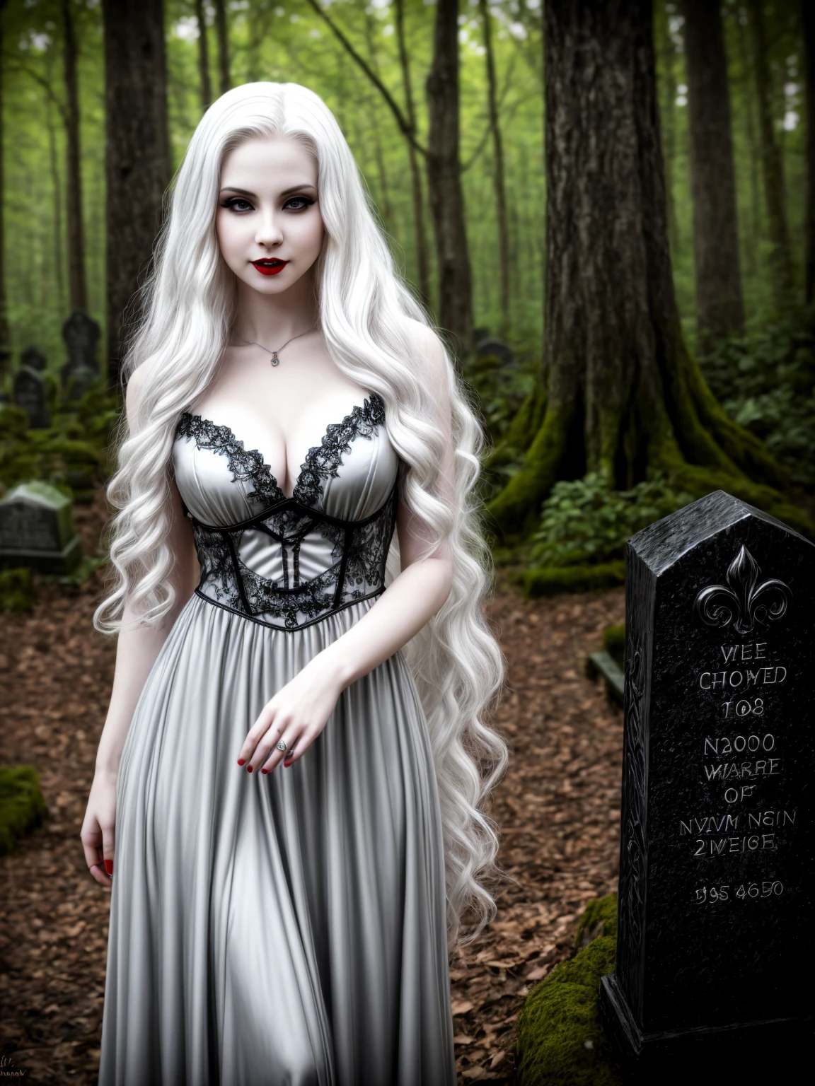 female sexy vampire|albino, pale porcelain skin, sexy vintage black dress, smile, shallow depth of field, grin|creepy, nightfall, detailed face, night, wide hips, narrow waist, portrait of woman standing, detailed eyes, portrait of woman standing, 8k RAW photo, highest quality, looking at the viewer, best shadow, intricate details, long hair, bright eyes, forest, grave, gothic, goth detailed, highres, high qualilty, high saturation