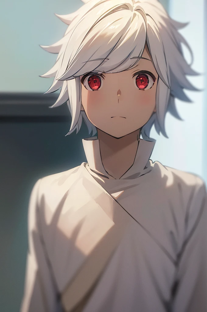 (Best quality:1.1), (masterpiece:1.4), Photorealistic, 1 boy, One, male focus, Looking at the viewer, , depth of field, clear line, , bell_cranelle, White hair, Red eyes, , , Science fiction