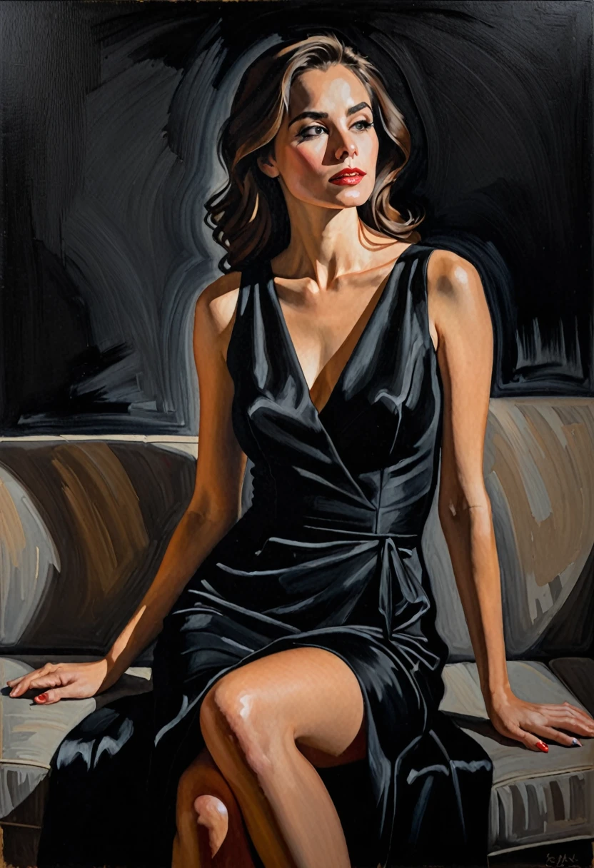 beautiful woman in black dress sitting merely in the full of dark. only black shadows. Subtle flash from somewhere hitting on his face. It shows a deep relax. 45 degree side view from right. Acrylic high brush stroke on Linen, unclear image.