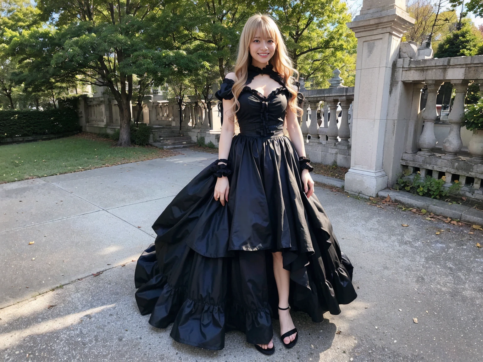 (8K、RAW Photos、Highest quality、masterpiece:1.2)、(Realistic、Photorealistic)、1 Girl、((Castle、smile、Black Dress、Sandals、whole body、Big dress、Frills、Blonde、Big Breasts、Look forward、Are standing))、