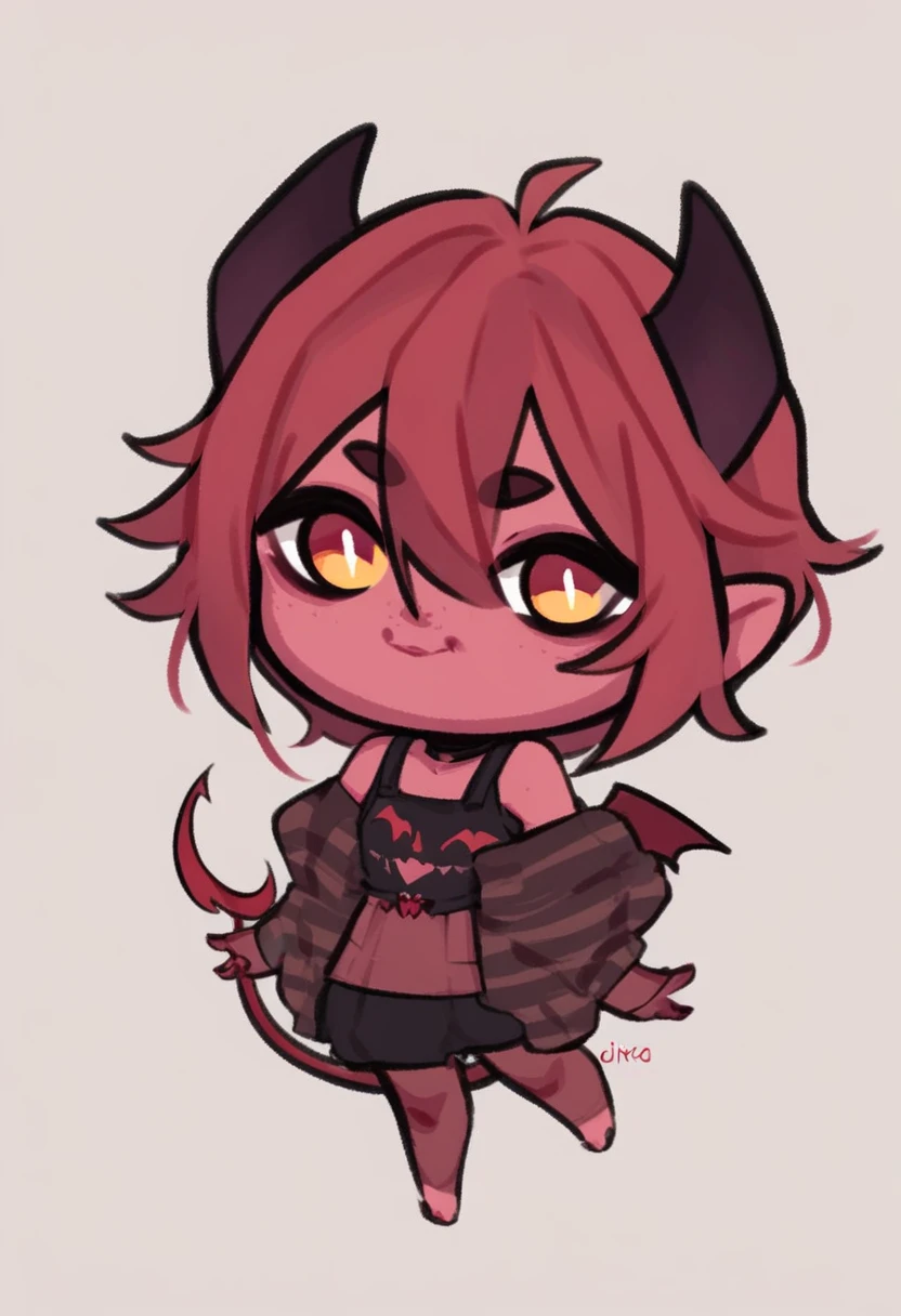 ((young)), cute face, human, ((chibi)), solo, ((((black devil horns)))), ((devil wings)), short hair, ((messy hair)), ((flat chest)), (nude), nipples, pussy, pussy juice, devil tail, glowing eyes, womb tattoo, ((bedroom background)), standing, looking at viewer, Very good figure, masterpiece, super detail, heavy shadows, high quality, best quality, highres, 16k
