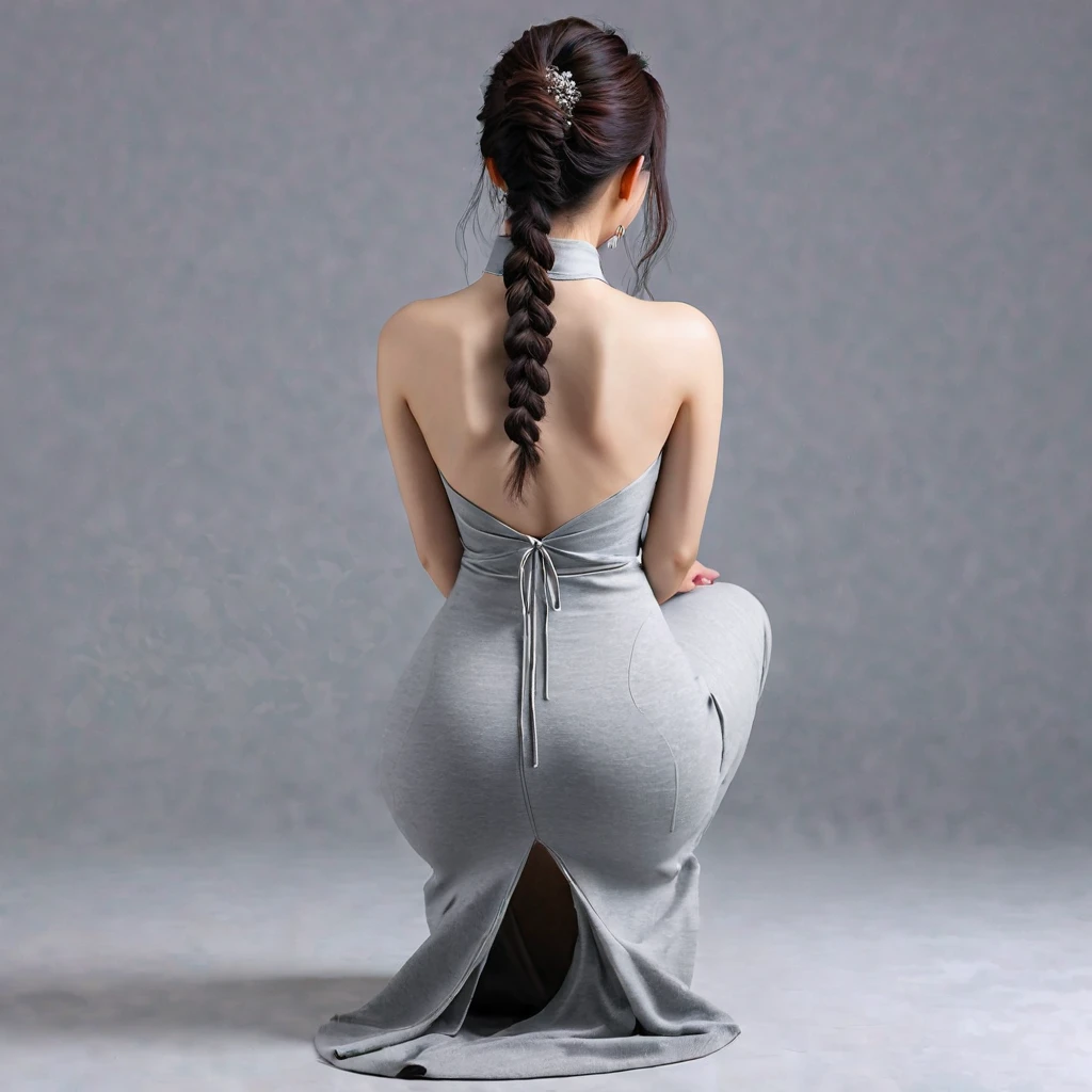 Realistic, high quality, Chinese woman wearing a maxi bodycon dress, cotton dress, squatting down,rear view