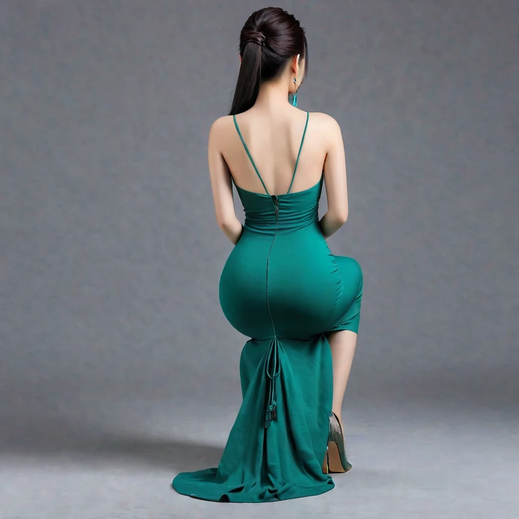 Realistic, high quality, Chinese woman wearing a maxi bodycon dress, cotton dress, squatting down,rear view