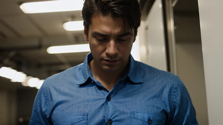 man, with blue shirt, talking on the cell phone worried