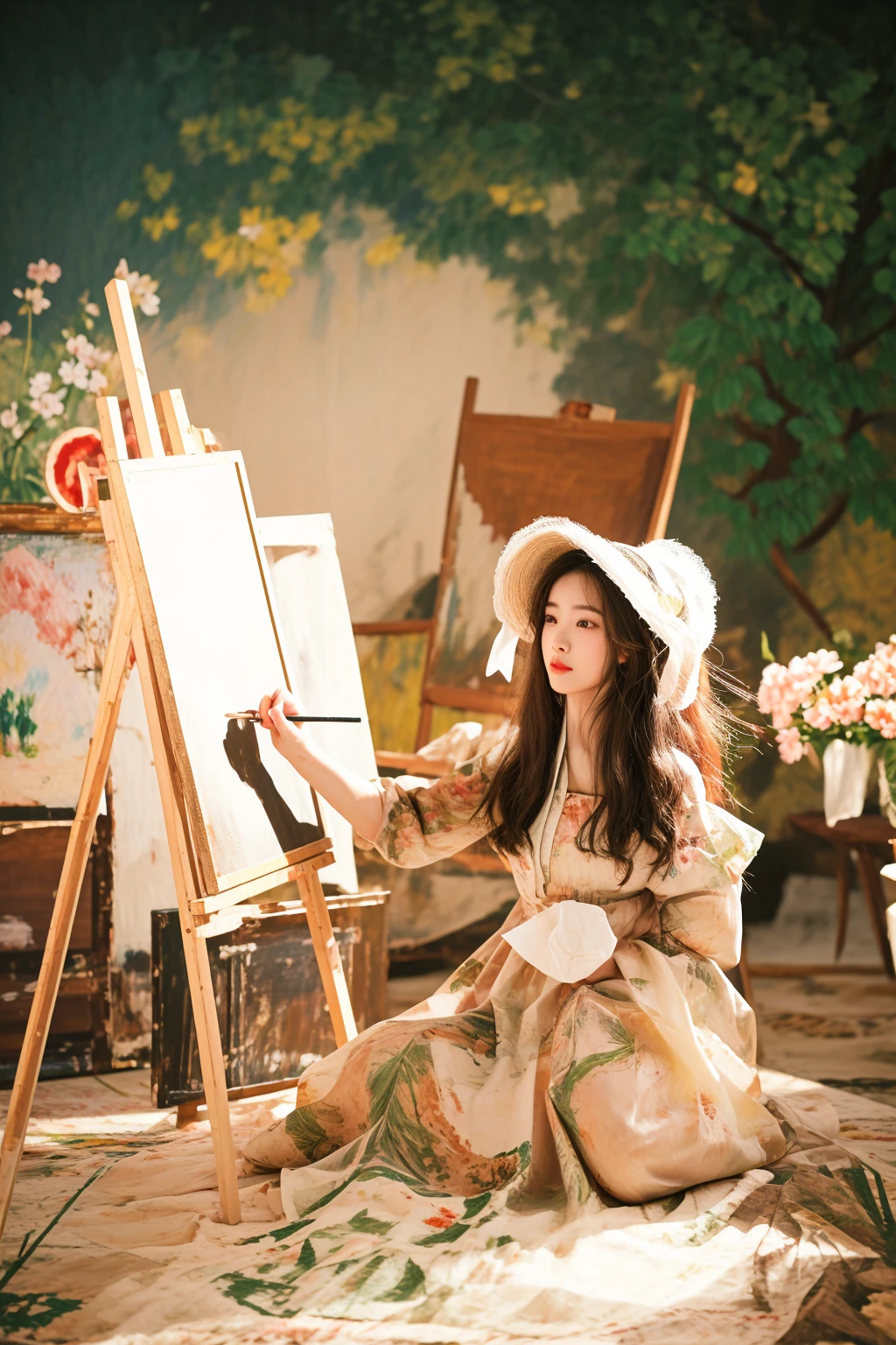 painting on easel with woman in dress and hat sitting on rug, painting style, 4k photograph of painting, korean artist, painting, painting, exquisite painting, painting art, oil painting masterpiece, art painting, painting come to life, 4k painting, oil painting style, paining, oleo painting, model painting, in the painting style of renoir