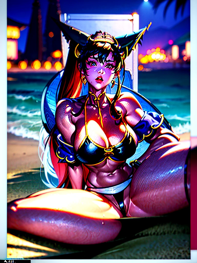 arafed woman in a bikini sitting on the beach at night, concept art inspired by Masamune Shirow, pixiv, fantasy art, chun li, chun-li, chun - li, monokini, portrait of chun li, portrait of chun - li, seductive tifa lockhart portrait, beautiful alluring anime woman, trending on cgstation