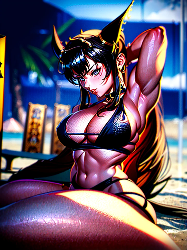 arafed woman in a bikini sitting on the beach at night, concept art inspired by Masamune Shirow, pixiv, fantasy art, chun li, chun-li, chun - li, monokini, portrait of chun li, portrait of chun - li, seductive tifa lockhart portrait, beautiful alluring anime woman, trending on cgstation