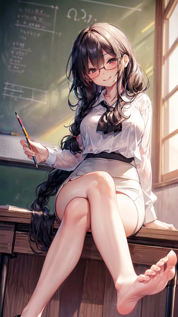 (Ultra-high resolution of the highest quality, masutepiece, Best Quality, 8K, Super Detail, Best Quality:1.3), (Anatomically correct:1.2), (1 elementary school female teacher:1.6), (large breasts:1.1), (drooping eyes:1.3), (blush cheek, blush body:1.3), (wavy hair, braid hair:1.2), (long hair:1.2), (black hair:1.2), (glasses:1.3), (white blouse, pencil skirt:1.7), (class room:1.1), front view, Extremely cute, (extremely detailed beautiful face), Authentic skin texture, beautiful hair, beautiful face, beautiful eyes, beautiful body, beautiful hands, (clothed:1.6), (aroused, naughty face, seductive smile:1.8), (erect nipples), (hair over eyes:1.5), (looking down:1.3), (open mouth:1.2), (face focus:1.6), cleavage breasts focus, (legs focus:1.2), (from below:1.3), (Sit with legs crossed:1.6), (slouching forward:1.3), (sole of foot:1.6), (sole of foot focus:1.2), (panty shot:1.1)