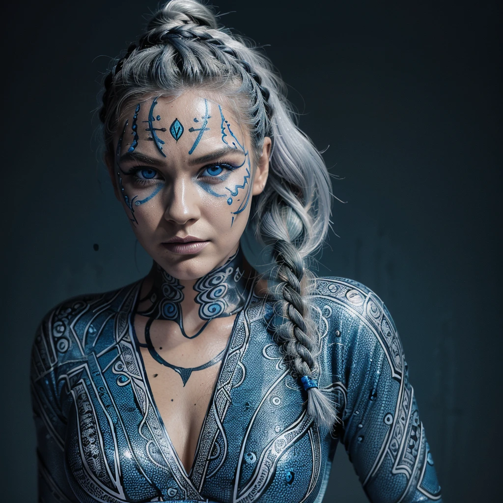 (Best Quality:1.1),(comic style:1.1),(artwork:1.1),(Barry McGee Style:1.1),(line art:1.4),a woman,Bold contours,bold outlines,fierce face,determined eyes,silver hair,Intricate face painting,For the,blue lighting,(singing:1.2),braided hair,(Detailed face paint:1.1),(Blue eyes:1.1),