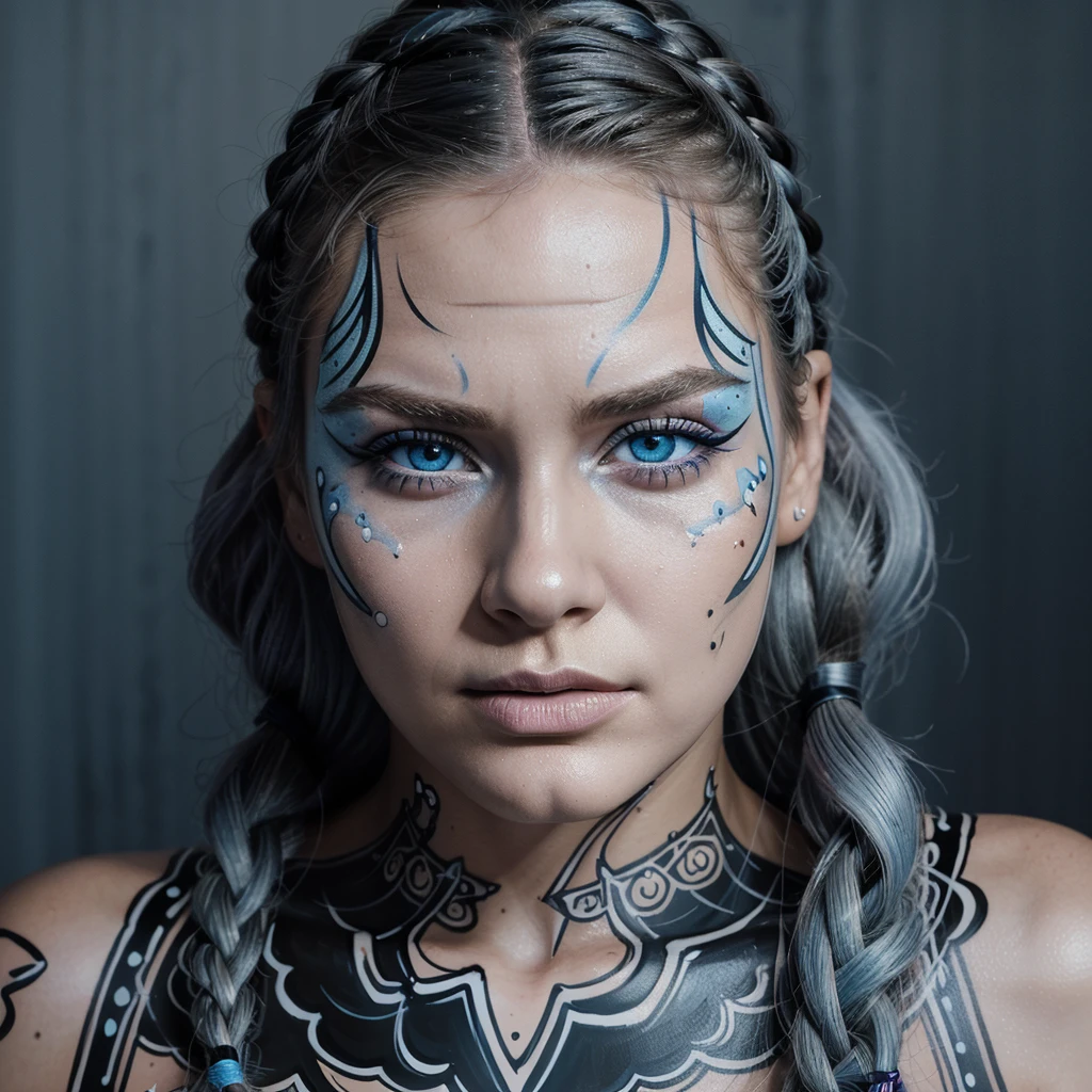 (Best Quality:1.1),(comic style:1.1),(artwork:1.1),(Barry McGee Style:1.1),(line art:1.4),a woman,Bold contours,bold outlines,fierce face,determined eyes,silver hair,Intricate face painting,For the,blue lighting,(singing:1.2),braided hair,(Detailed face paint:1.1),(Blue eyes:1.1),