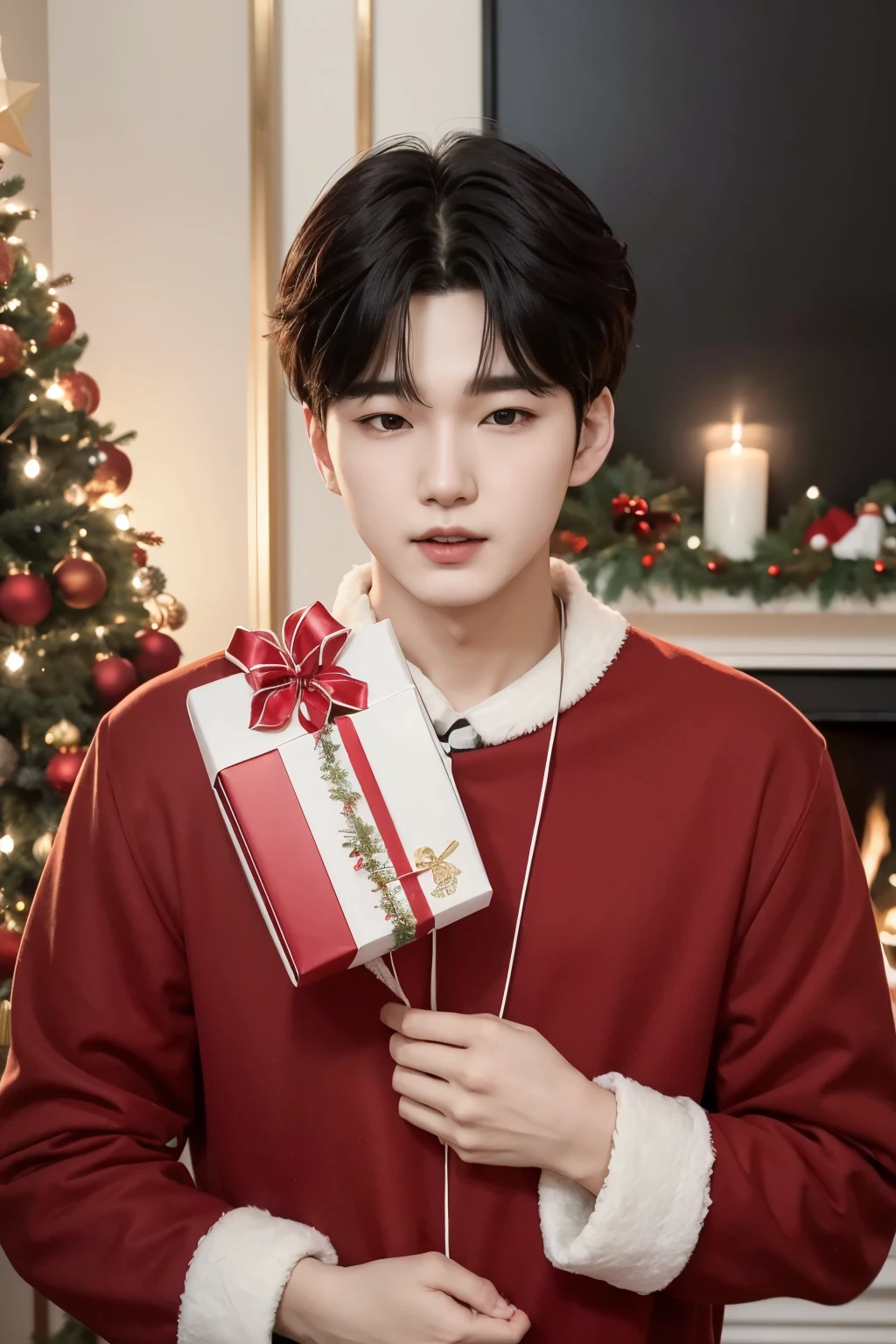 ((best qualityer)), ((work of art)), (detailded), bts member yoongi holding a christmas present in front of a christmas decoration