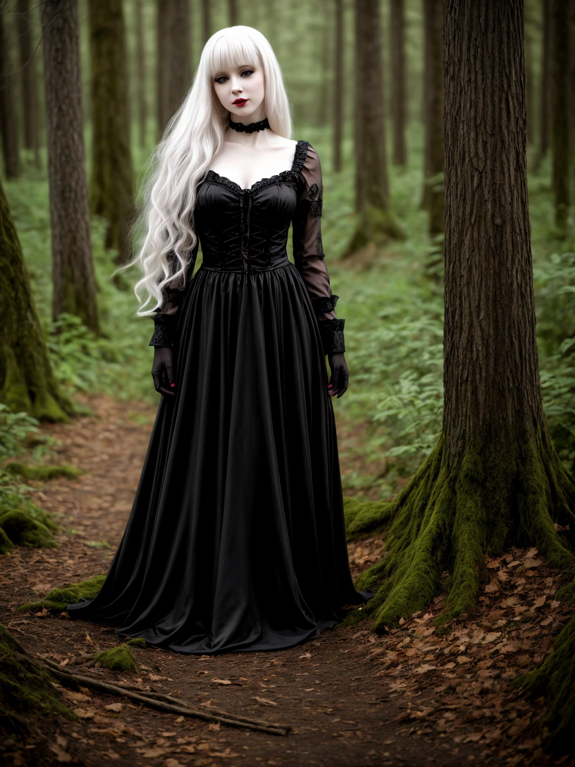 female sexy vampire|albino, pale porcelain skin, sexy vintage black dress, smile, shallow depth of field, grin|creepy, nightfall, detailed face, night, wide hips, narrow waist, portrait of woman standing, detailed eyes, portrait of woman standing, 8k RAW photo, highest quality, looking at the viewer, best shadow, intricate details, long hair, bright eyes, forest, grave, gothic, goth detailed, highres, high qualilty, high saturation