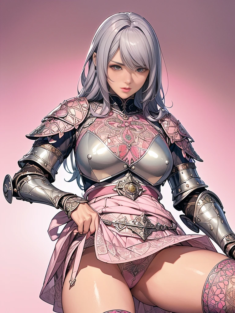 {best quality}, {very aesthetic}, {ultra-detailed}, {best illustration}, masterpiece,(((skirt lift:1.5))),((show off see through micro panties:1.4)),garter belt:1.5,((Holy Knight)), Smooth breastplate, ((Armor made from pink r:1.5))、((((Extremely detailed and intricately decorated armour:1.35)))),Red Cowboy Shot,Smooth udder、Big Tits、(Golden Ratio,Tabletop, Highest quality, Highest quality, Official Art, beautifully、beautiful:1.2), Very detailed, colorful,Best details,An illustration, Great scene, (Adult,19 years old,One Girl, alone, Final Fantasy 12,Asheria:1.5, Asheria:1.5, Asheria:1.5, Curly Hair, Long Hair,Silver Hair:1.2,Asheria Costume:1.5, Asheria Costume:1.5, mini skirt,Knee socks, Thighs Thighs Thighs Thighs, gem, Blue Belt,Belt number 1),Course of action, A look of contempt ,low angle:1.5, underneath:1.5, squatting, spread legs,