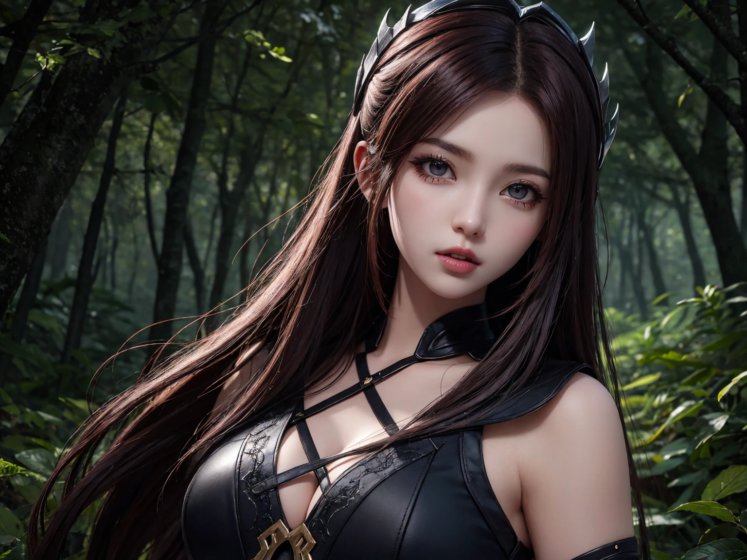 detailed dark forest background, masterpiece, best quality, Death_Sworn_Katarina,
 