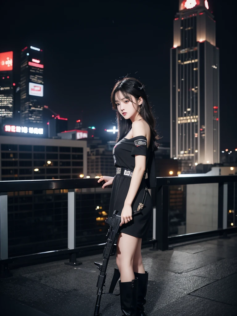 Beautiful woman wearing a black grey mini dress While standing  with decorations on the shirt and visible shoulders and wearing boots and being photographed with a background And was on top of the building holding a gun , Korean style swag, beautiful face so gorgeous, Beautiful eyes, y2k style
