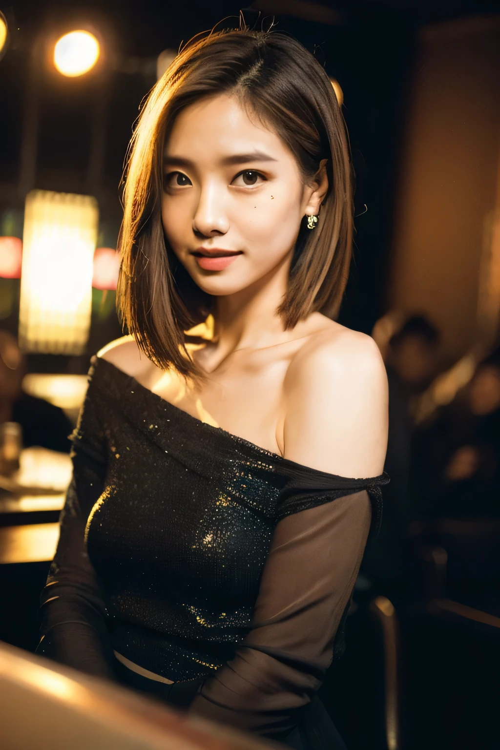(Best quality, Ultra detailed, Golden ratio, Masterpiece:1.2), Theatrical lighting:0.7, Photo of a woman, dressed in a very elegant and pretty dress, Perfect rare face, (Highly detailed skin), brown hair, Hide your mouth with your hands、having wine in her hand, Ridicule, skin texture, Pale skin, (thin, large size:1.2), [:(Sharp focus on rare face, perfect eyes:1.2):0.2], photorealistic, film grain, breasts、from below looking up, focus from torso to face, having a wine on her hand in a club、look right from the camera, with in her hand、Emphasize the shoulders, Focus on body, one leg on the other, full black american clothes, Smile with corners of mouth raised、disdainful expression, summer haze, muted colors, muted warm colors, Photo cinematic portrait of a woman dressed in a full covered clothes, cinematic, (tilted:1.3) look cautious, sitting on a seat in a club, night time, backlight, soft natural lighting, photography Film grain ISO 400 30 mm lens RAW f1.8 aperture, highly detailed (analog photography:1), colors hdr,