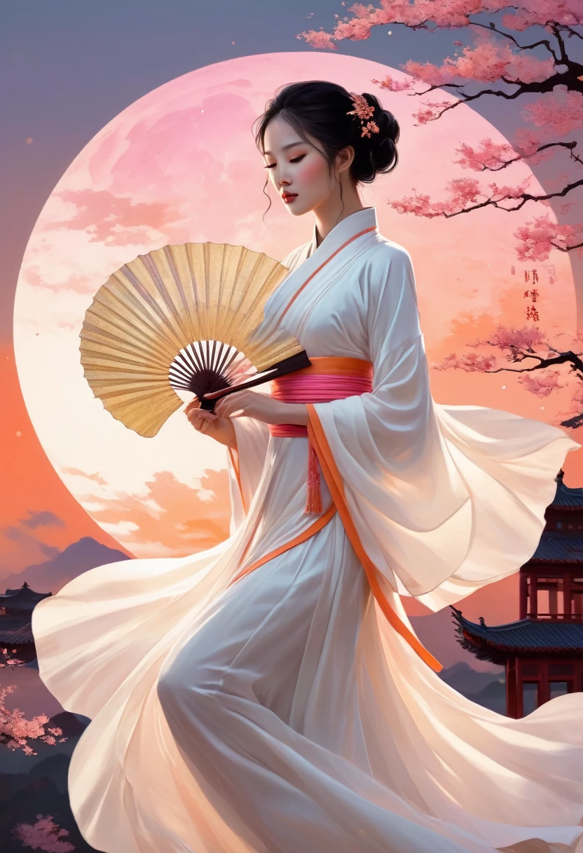 a character concept art, a Chinese princess in a layered white dress, a velvet folding hand fan, HD painting art, skin silhouette bioluminescence luminescent radian, dynamic pose, golden hour, digital painting, ukiyo-e, pink-orange moon, animation still, oversaturated, dreaming, trending on cg society, gouache detailed painting, hyperrealism, beyond reality, dreamy, fantasy, deep feeling, inspired, centered, sentimental, excited, impressed, powerful, real accomplishment