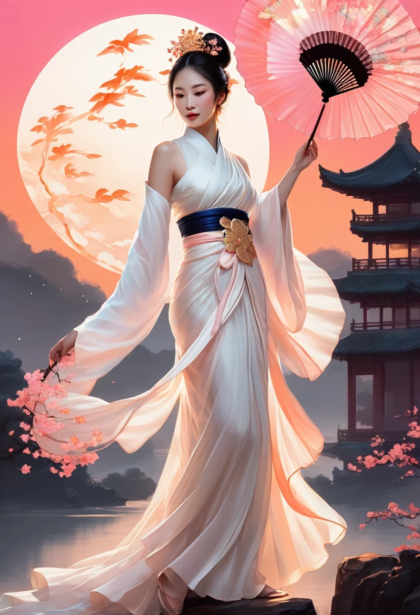 a character concept art, a Chinese princess in a layered white dress, a velvet folding hand fan, HD painting art, skin silhouette bioluminescence luminescent radian, dynamic pose, golden hour, digital painting, ukiyo-e, pink-orange moon, animation still, oversaturated, dreaming, trending on cg society, gouache detailed painting, hyperrealism, beyond reality, dreamy, fantasy, deep feeling, inspired, centered, sentimental, excited, impressed, powerful, real accomplishment