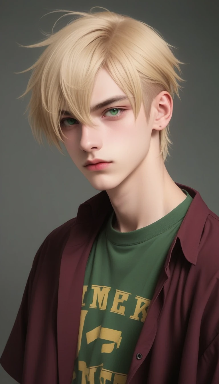 an 18 year old teenage boy with blonde hair, long punk bangs to the chin and shaved on the side, wearing a burgundy band blouse, light green eye, blonde eyebrow, thin face,