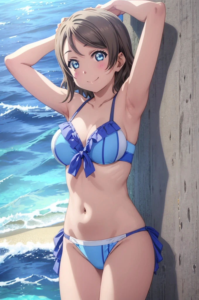 (((pixel-perfect, detail-perfect))), solo, 1girl, you watanabe, eyes azzur, smile, bikini, summer beach, armpit, big filesize, ultra High Qality