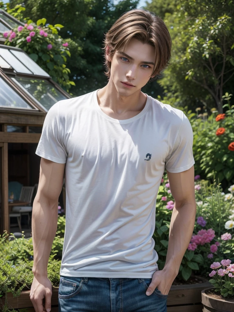 blond man, slim build, casual clothing, careless