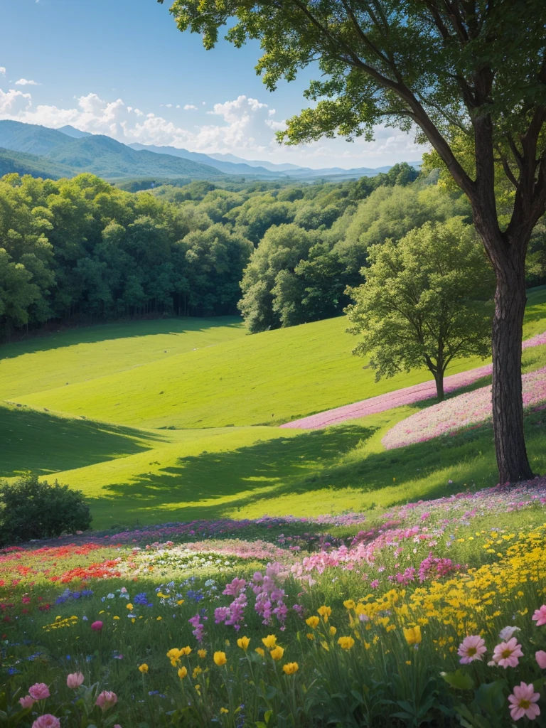 a landscape, flowers and trees,