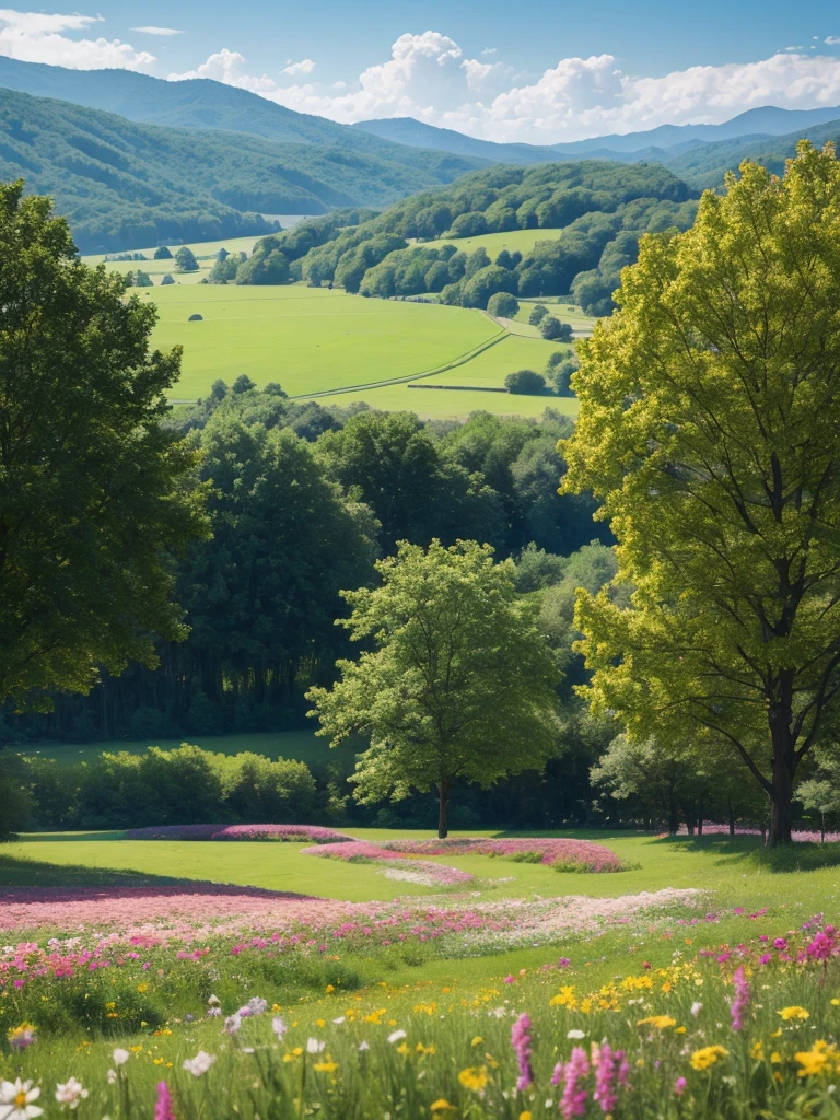 a landscape, flowers and trees,