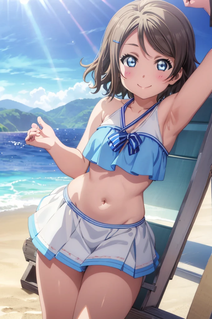 (((pixel-perfect, detail-perfect))), solo, 1girl, you watanabe, eyes azzur, smile, bikini, summer beach, armpit, big filesize, ultra High Qality