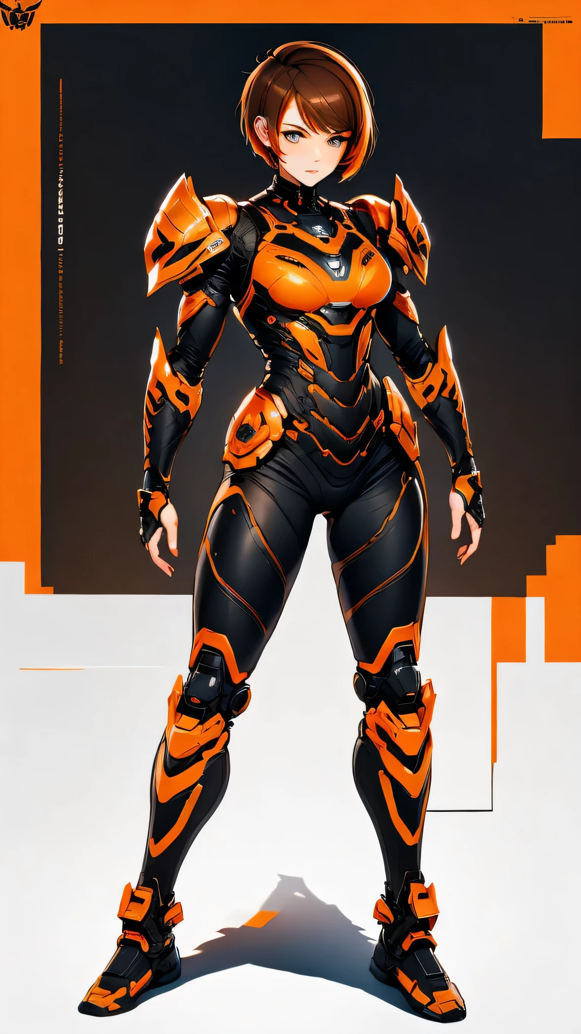 Create a design of a woman, full body, short hair, masculine cut, brown color, with exoskeleton armor. Black and orange colors, dotted filter.