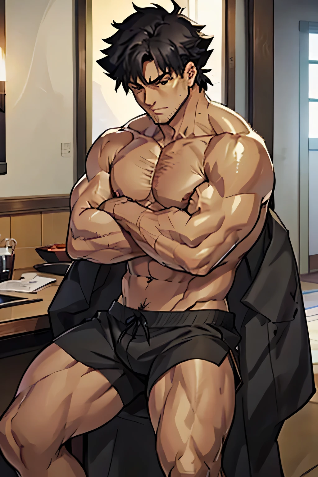 Kiritsugu is sitting and flexing his buff forearms and thighs. He wears black short boxershorts. You can see his thighs. He is shirtless. He is showing his abs too. He is admiring his arms.