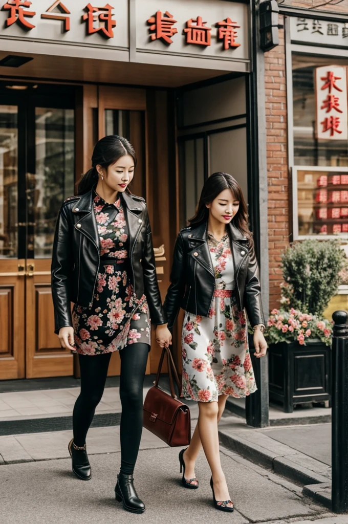 Chinese women wearing floral dress with leather jacket
