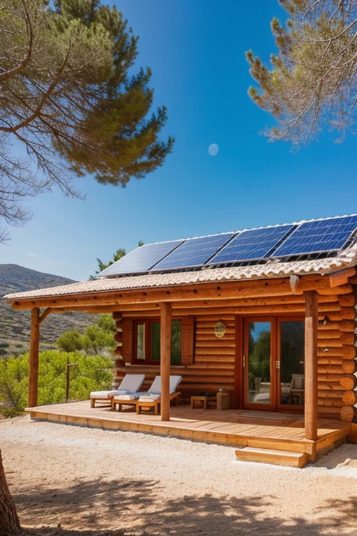 Cabin with solar panel, greek style, Mediterranean climate