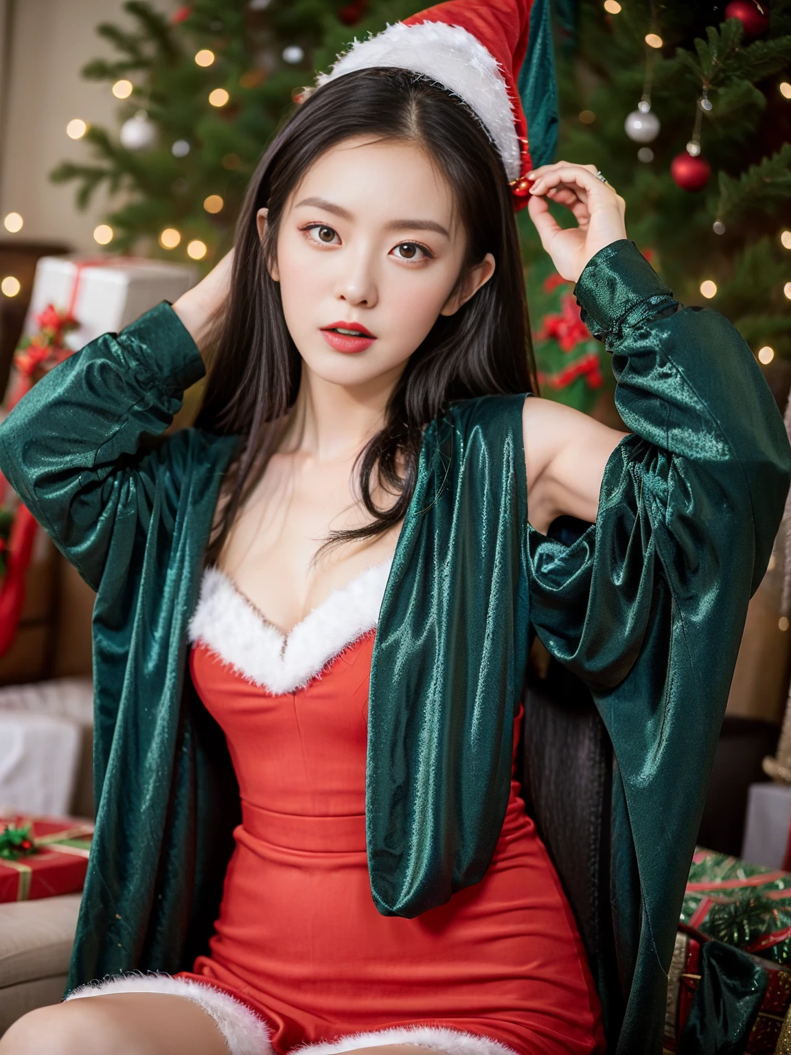 Woman wearing sexy Christmas witch costume,blue dress, luxury bedroom, blue dress,big ,หน้าอกbig,Actually,virtual