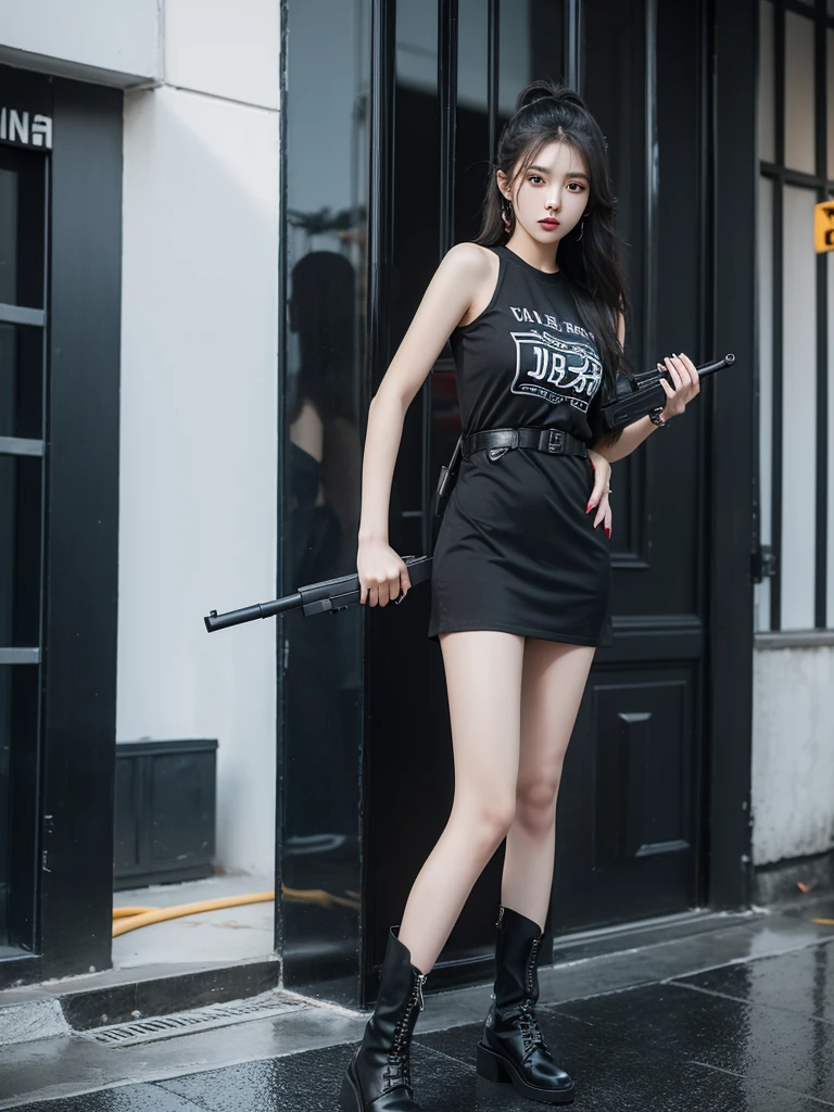 Beautiful woman wearing a black grey mini dress While standing  with decorations on the shirt and visible shoulders and wearing boots and being photographed with a background And was on top of the building holding a gun , Korean style swag, beautiful face so gorgeous, Beautiful eyes, y2k style
