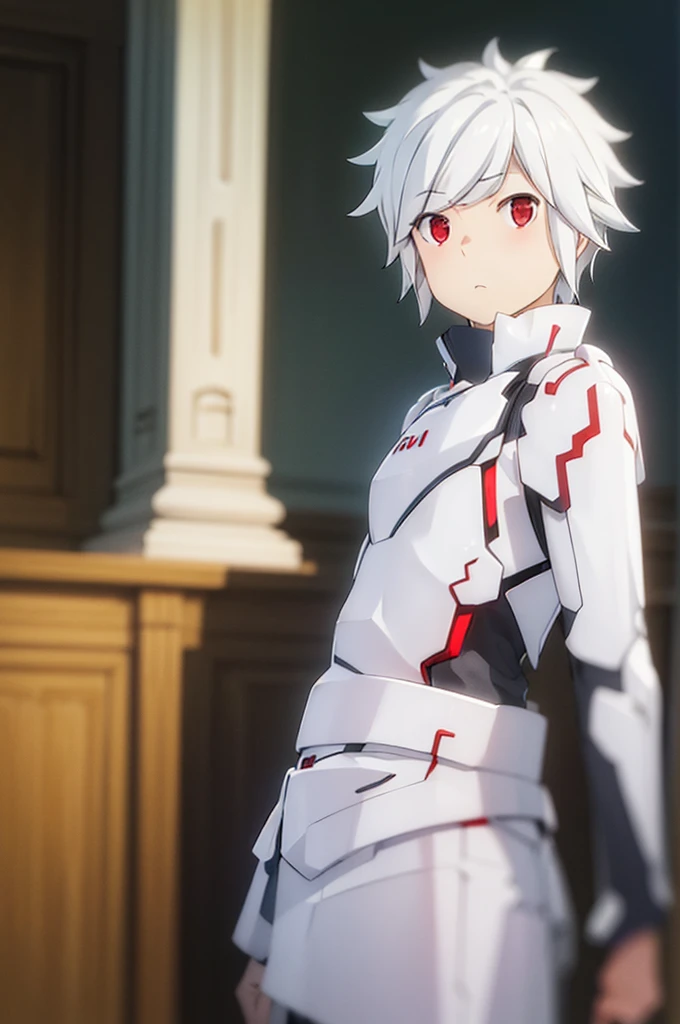 (Best quality:1.1), (masterpiece:1.4), Photorealistic, 1 boy, One, male focus, Looking at the viewer, , depth of field, clear line, , bell_cranelle, White hair, Red eyes, , , Science fiction