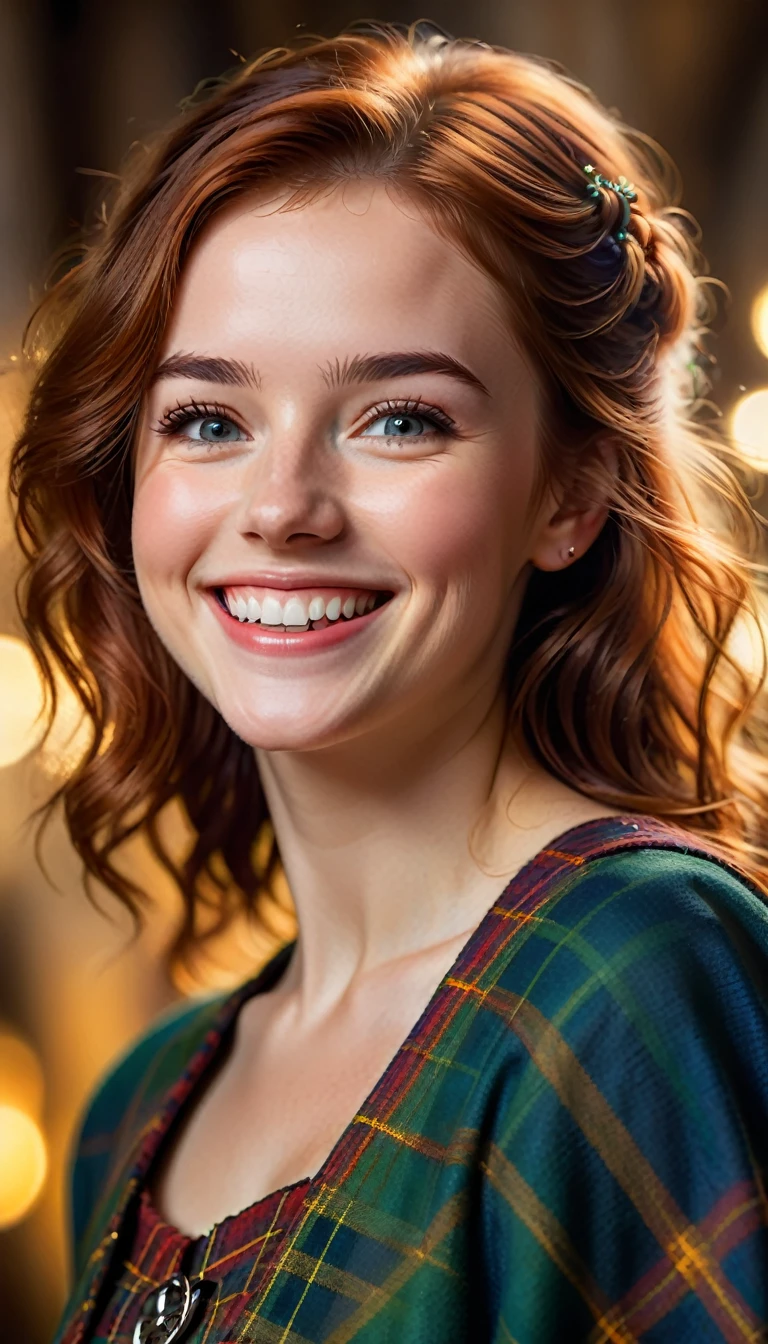 a beautiful young enchanting Scottish woman, open smile, medium shot, low angle, best quality, 8k, highres, masterpiece, ultra-detailed, photorealistic, studio lighting, extreme detail description, vivid colors, close up of the face