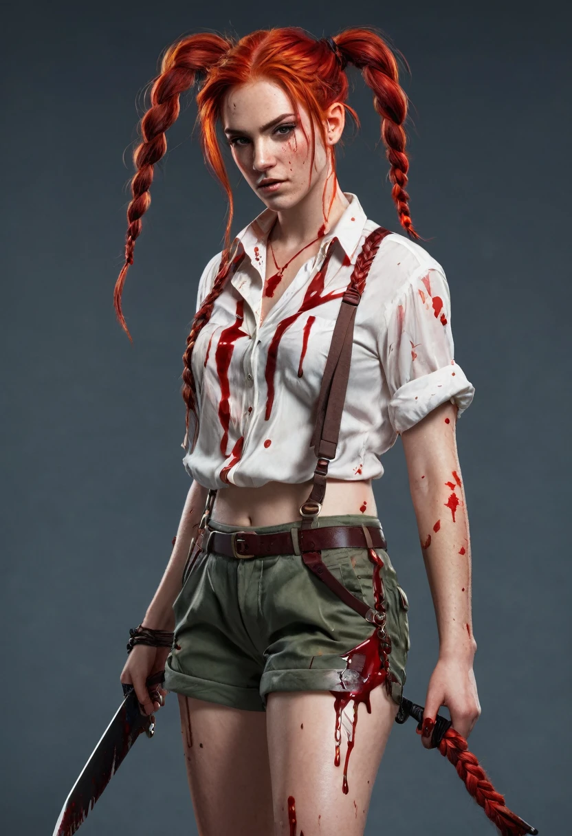 Our character has red hair, braided hair and blood streaks, a knife in his hand and shorts and a blouse.