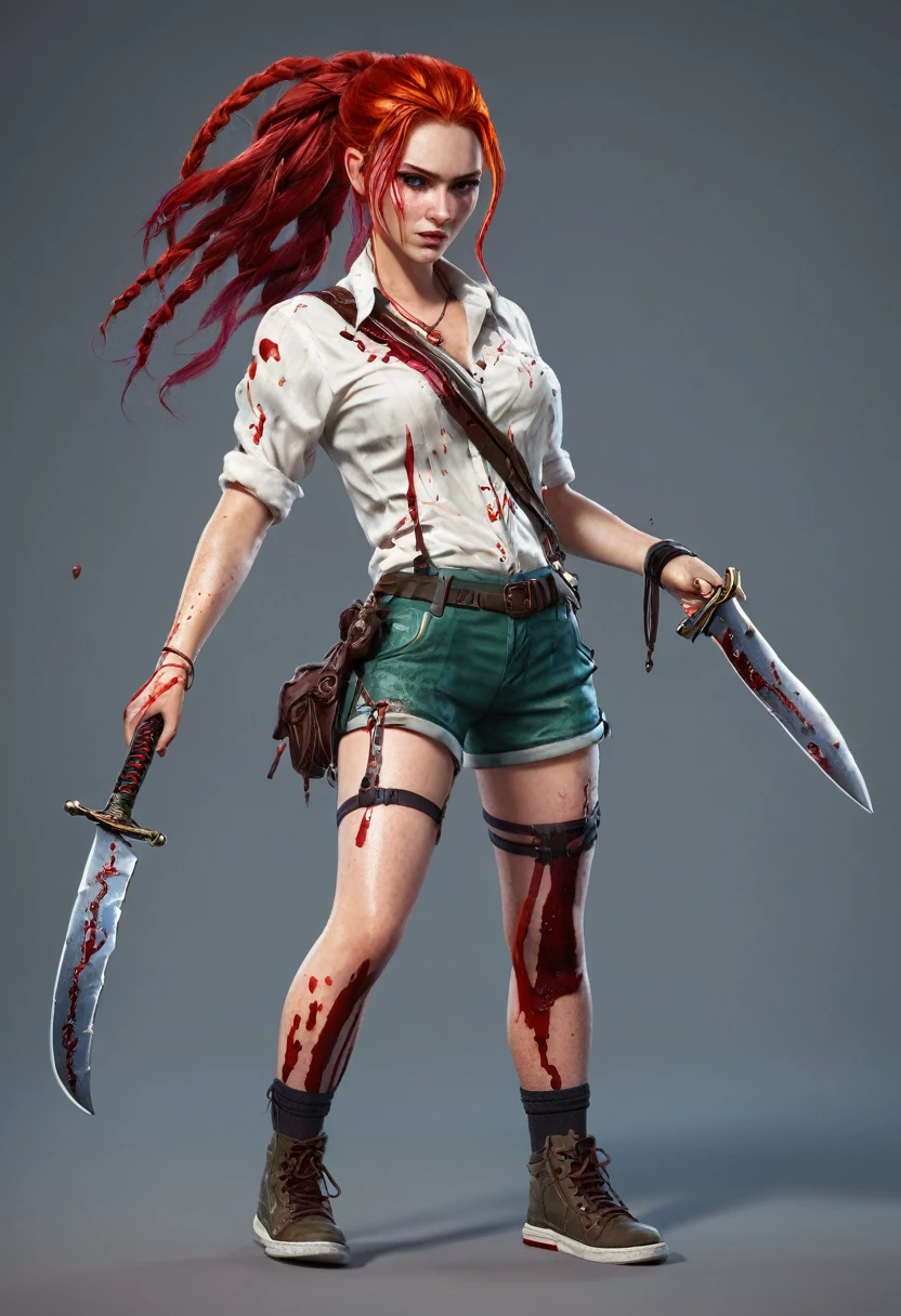 Our character has red hair, braided hair and blood streaks, a knife in his hand and shorts and a blouse.
