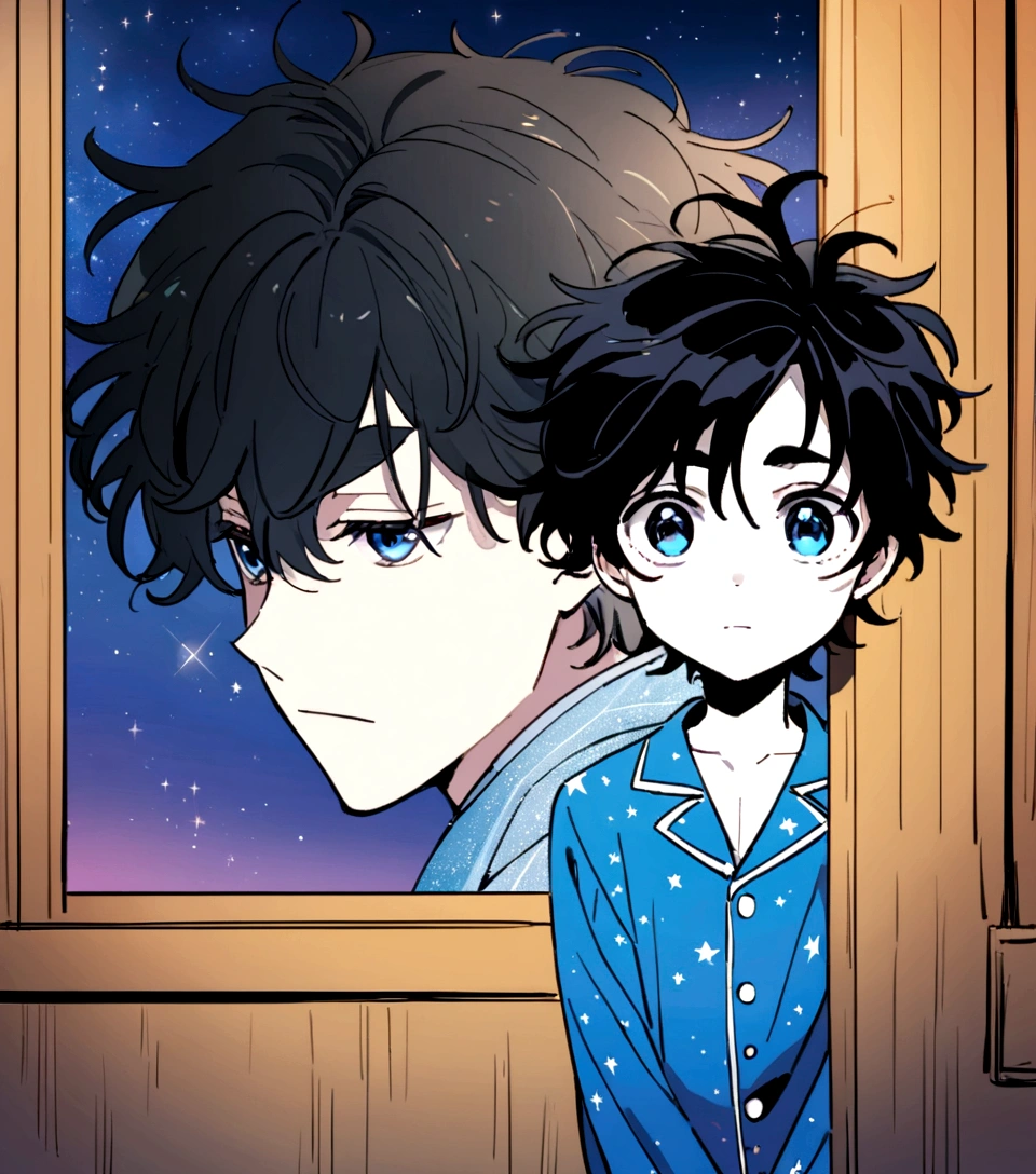 Marvel comic panel where a young boy with anime (L Lawliet) messy hair black hair, white skin and sky blue eyes appears, he is inside his room looking out the window at the sky, he has blue pajamas, handsome, attractive, glitter, thin eyebrows