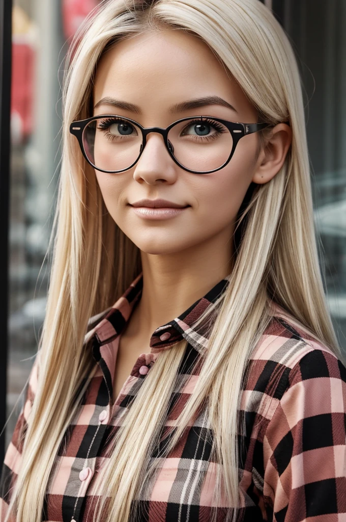 Pixar style blonde hair woman white skin pink glasses brown eyes, long hair . black flannel