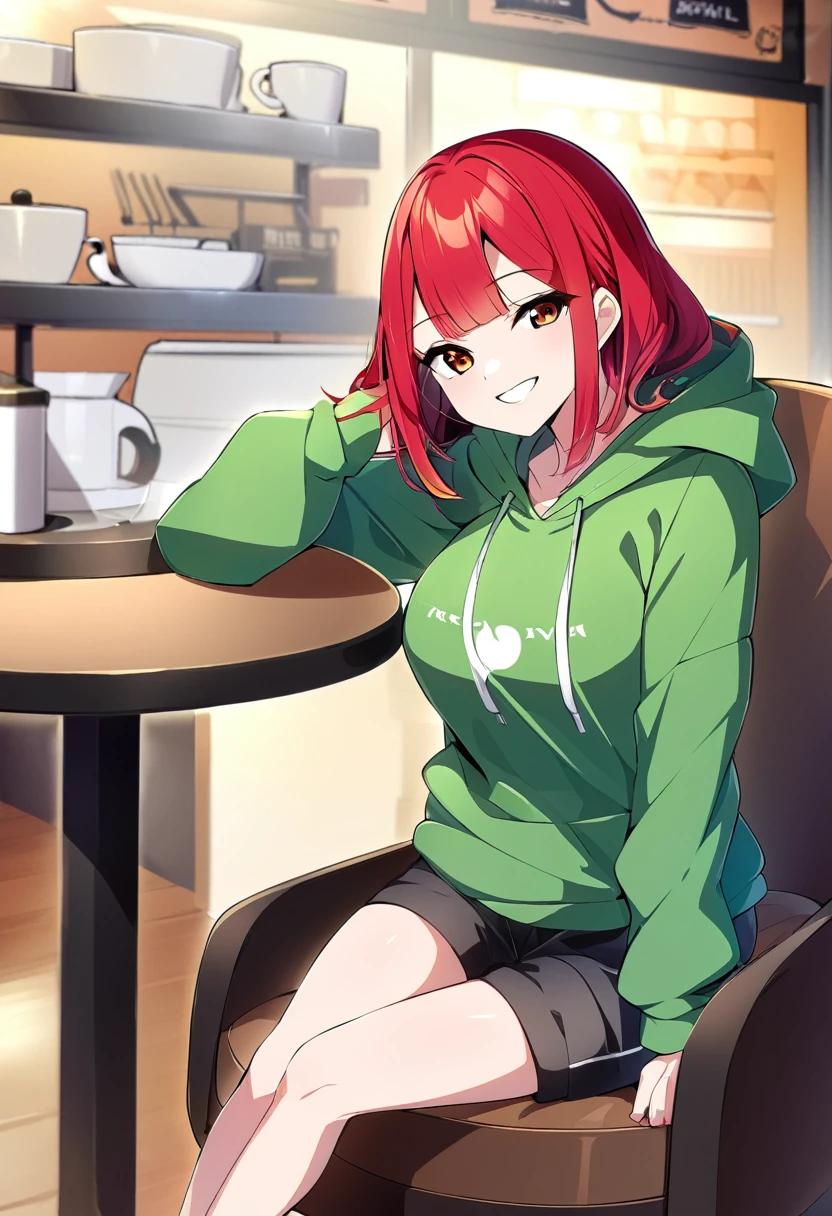 Pretty asian woman, bright red hair, black shorts and a green hoodie, cute, sitting in a big chair. Anime style, coffee shop environment, pretty smile